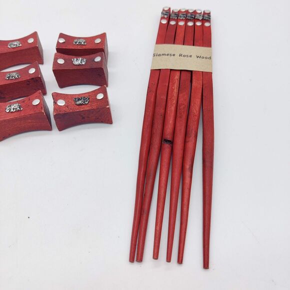 Hand Crafted Thailand Rose Wood Boxed Elephant Chopsticks Set Service For 6 - Picture 7 of 13